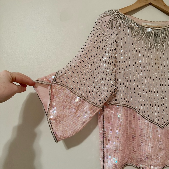 Vintage 90s Neiman Marcus Pink and Silver Sequin Silk Blouse Top Shirt Medium - Picture 3 of 8